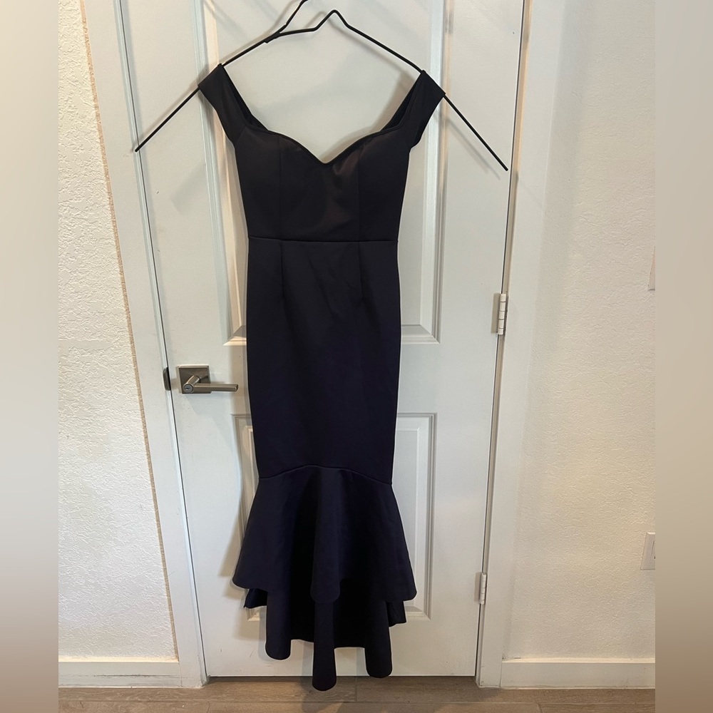 Elegant Black Off-Shoulder Dress. Color Navy Blue